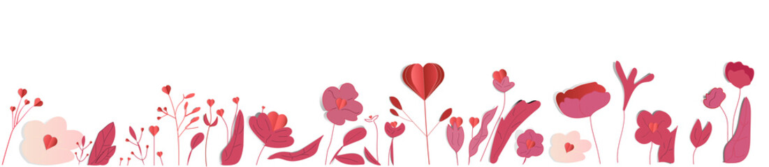 White horizontal banner or floral backdrop decorated with hearts. Flat botanical spring vector illustration on white background, paper cut style hearts.vector illustration.Paper Art Style Vector