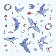 Swallow bird, flowers, wreaths vector illustrations set