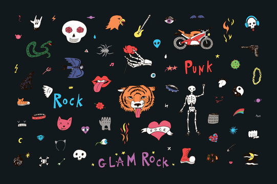 Punk rock doodles vector illustrations set