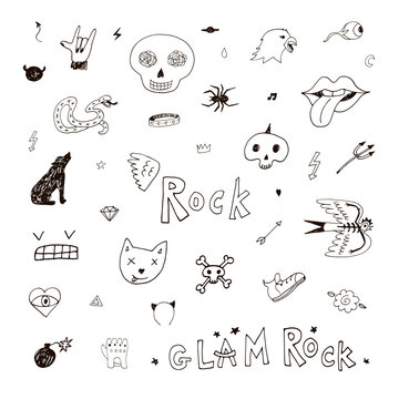 Punk rock doodles vector line illustrations set