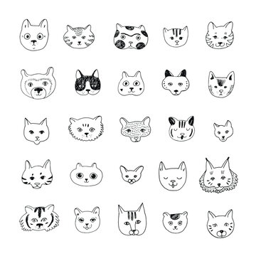 Cat faces vector illustrations line set