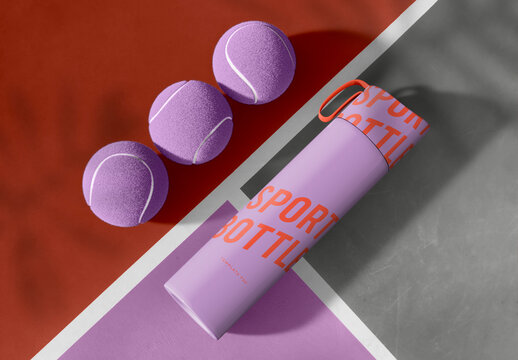 Sport Bottle with Balls on Tennis Court Mockup