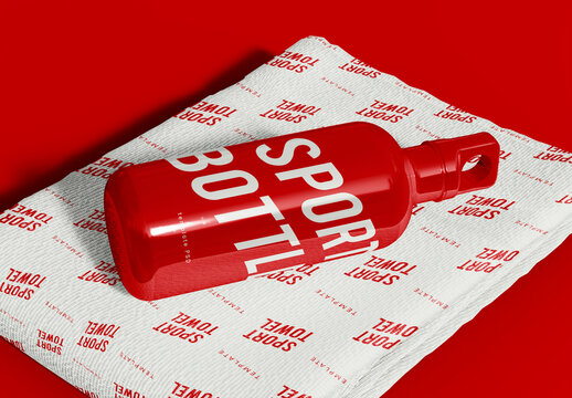 Aluminum Water Bottle with Towel Mockups