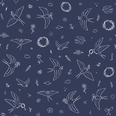 Swallow bird vector seamless pattern