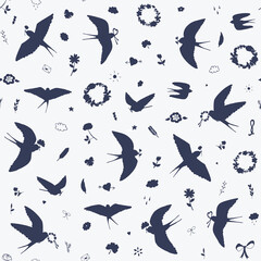 Swallow bird silhouette vector seamless pattern