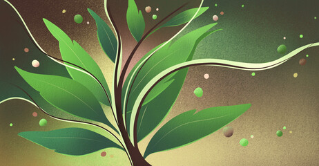 Decorative pattern of green leaves on a gradient background with texture