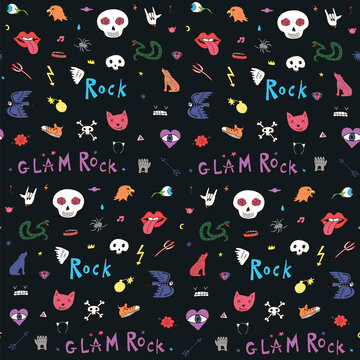 Punk glam rock doodles vector seamless pattern