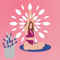 A woman doing yoga in a purple outfit with a mandala petal wall with pink gradient background along a house plant