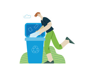 Ecology - Waste sorting -Modern flat vector concept illustration of a young man putting a paper journals into the garbage container for paper waste. Creative landing web page illustartion