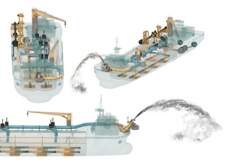 Dredger schematic with the location of internal and external objects. The scheme allows us to consider the technology of moving the soil inside the vessel. Rainbowing.  Isolated on white. 3d-rendering