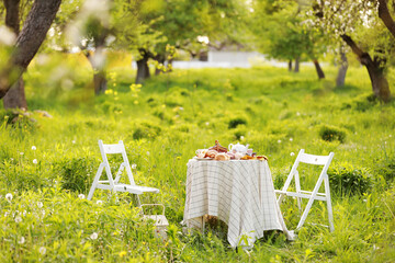 picnic with decorated table with croissants, fruits and drinks in beautiful blossom spring green...