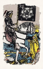 Death Major Arcana Tarot Card Watercolor Painting Of The Reaper Of Souls Skeleton On White Horse Carrying A Black Flag Symbolizing Transformation Ending Closure Transition Inner Purging Immortality 
