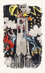 The Tower Major Arcana Tarot Card Watercolor Painting Of Fortress Struck By Thunder People Falling From Height Symbolizing Upheaval Sudden Change Chaos Disaster Revelation Pain Wrath Of God