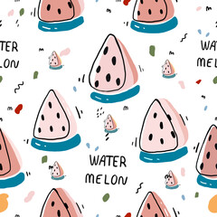 cute Seamless pattern with watermelon minimal design colorful , summer fruit, vacation , flat sign , vector wallpaper texture and illustration