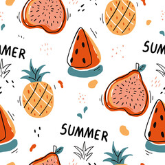 Colorful seamless hand drawn fruit pattern with orange  pineapples and fig on white background