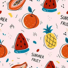 Colorful seamless hand drawn fruit pattern with pineapples watermelon orange and papaya on white background