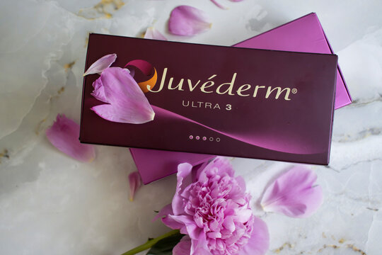 June 2, 2022 Ukraine Kyiv city box of Juvederm filler, Allergan company, USA, flower