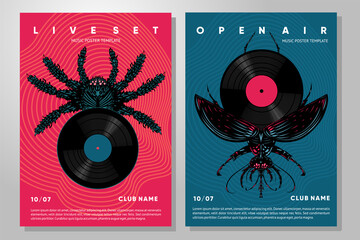 Music cover design with vinyl and bug. Retro style musical poster. Summer party template.