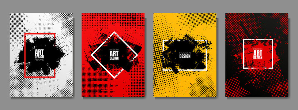 Vector illustration. Grunge frame gradient color. Halftone dots texture, grunge ink brush strokes. Design elements for poster, book cover, magazine, flyer, layout, greeting or business card, brochure