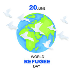 World refugee day background with flying origami bird. Flat style vector illustration. Concept of migrant for web, banner, background, wallpaper, poster or card design.