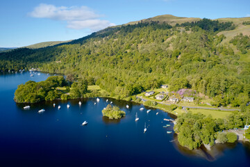 Fototapeta premium Aldochlay boat mooring on Loch Lomond aerial view