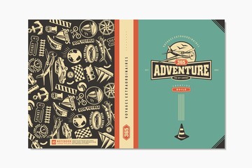 School notebook cover design template with various transportation vehicles. Adventure theme covers layout for brochure, copybook or card. Vector background illustration.