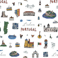 Travel lisbon portugal architecture vector seamless pattern - obrazy, fototapety, plakaty