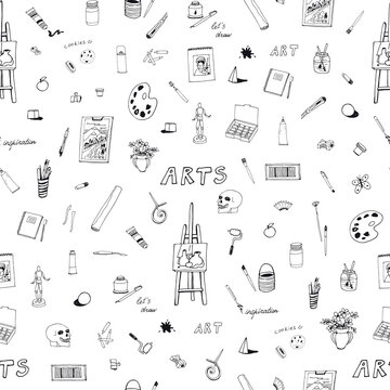 Art hobby painting class objects vector seamless pattern
