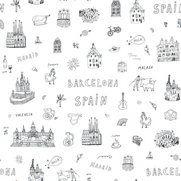 Barcelona Spain travel architecture landmarks vector seamless pattern