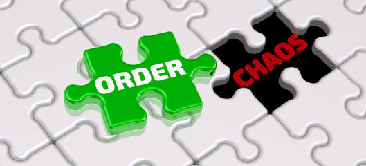 Order and chaos. Puzzle concept. The folded white puzzles elements with empty place labeled CHAOS and one green puzzle with white word ORDER. 3D illustration
