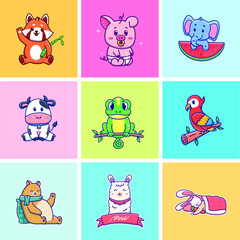 Cute cartoon set of animals illustrations. Isolated animal vector. Flat cartoon style