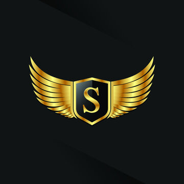 Premium Golden Wing Shield Luxury Initial Letter S logo design concept