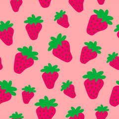 Vector seamless pattern with strawberries, leaves and flowers. Graphic stylized drawing.