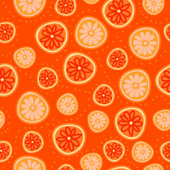 Seamless pattern with tropical fruits, oranges, leaves. Design of dresses, clothes, fabrics, wallpapers, overalls. Cute summer pattern with oranges for girls. Tropical print.