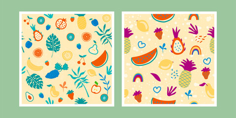 Fototapeta na wymiar Seamless pattern of exotic fruits in hand drawn style. Vector repeat background for colorful summer fabric.