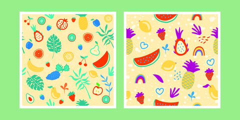 Fototapeta na wymiar Seamless pattern of exotic fruits in hand drawn style. Vector repeat background for colorful summer fabric.