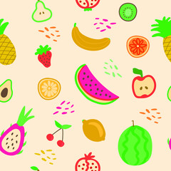Hand drawn cute seamless pattern fruits, Orange, Banana, Pomeganate, Cherry, Strawberry, Lemon and leaf on pink pastel background. Vector illustration.
