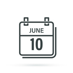 June 10, Calendar icon with shadow. Day, month. Flat vector illustration.