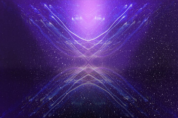 Sci-fi background of glowing particles and luminous abstract shape. Fictional cosmos or space. Blue and purple colors.
