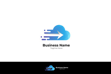 Cloud and arrow logo with fast effect. Download icon, weather forecast, application download, upload download, storage network element. Flat design concept with blue color gradient