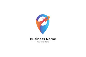 pin logo and flying rocket. 3d design style, modern, economical, cheerful and abstract. can be used for internet applications, directions, maps, advertising business.