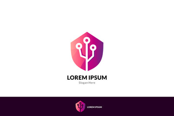 shield and technology logo. flat, modern and luxury emblem design style. suitable for data security, anti virus, network security.