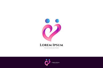 love care logo, people and love with 3d shape in gradient pink and blue color