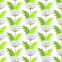 Seamless floral pattern, hand drawn, vector. Summer pattern, wildflowers and green lives, white background.