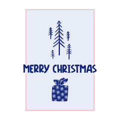 Merry Xmas quote with christmas tree and gift. Unique handwriting wishes. Design element for congratulation card, banner or flyer. Vector illustration