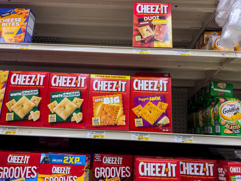 Woodinville, WA USA - circa May 2022: Angled view of Cheezit crackers for sale inside a Haggen grocery store.