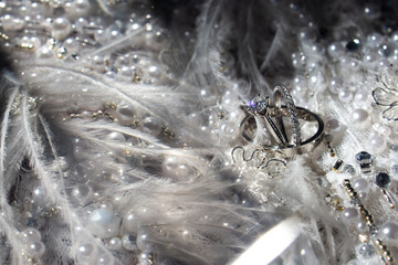 Wedding rings on wedding dress background