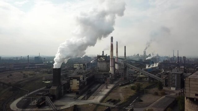 business, technology, aerial view, iron, manufacture, manufacturing, metal, metallurgical, metallurgical plant, metallurgy, pipes, pollution, pollution air, production, smog, smoke, steam, steel facto
