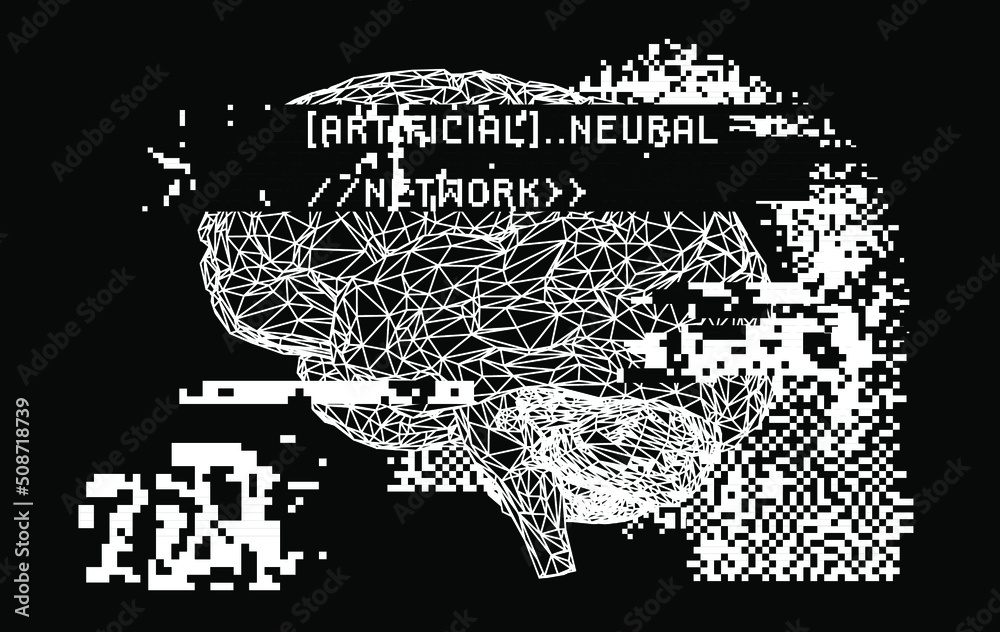 Poster 3D low-poly model of a human brain on glitched and pixelated background. Concept of the neural network and AI.