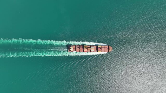 Aerial shot of container ship in ocean